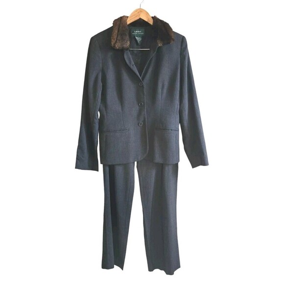 Ralph Lauren Pant Jacket Suit Women 10 Gray Faux Fur Collar Worsted Wool Vintage - Picture 1 of 10